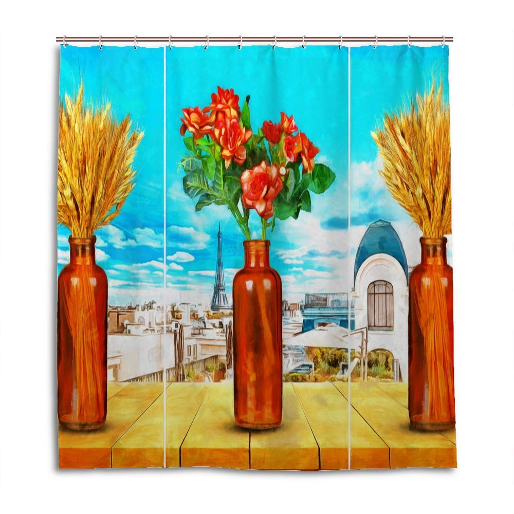 Rideau de douche lavable en machine textile anti-éclaboussures imprimé vase bleu ciel CHEHONG