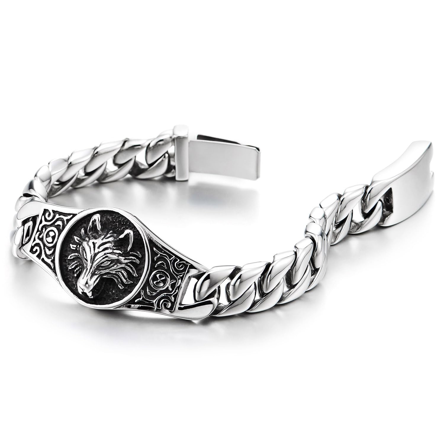 COOLSTEELANDBEYOND Pulsera Medallón Cabeza de Lobo en Acero Inoxidable para Hombre, Joyería Totem Vikinga Nórdica Resistente, Cadena Curb Plata Pulida