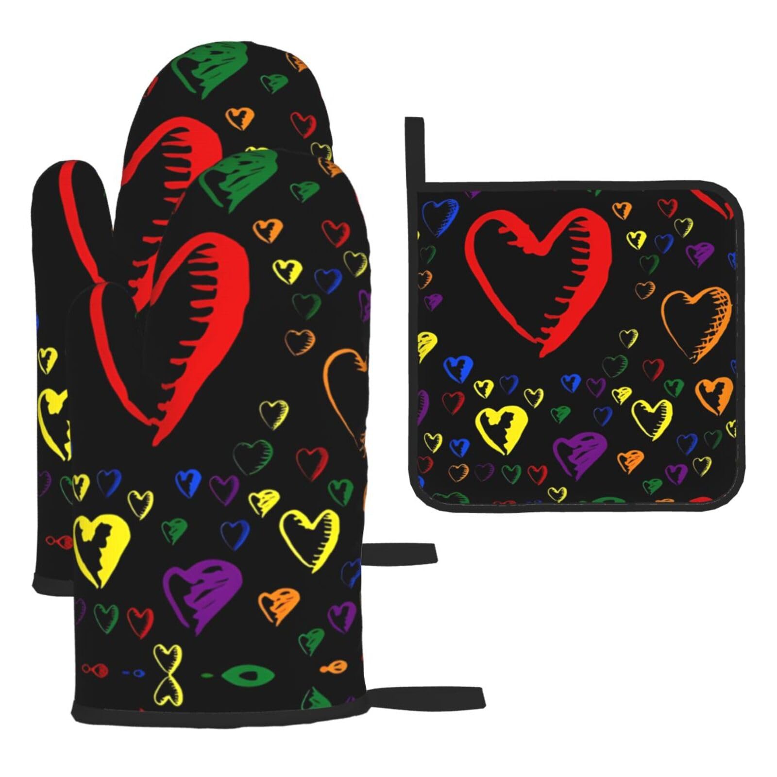 Gay Pride Rainbow 3 Piece Kitchen Oven Mitt Set Heat Resistant Gloves with Pot Holder Mat Polyester Printed for Cooking Baking BBQ Grill