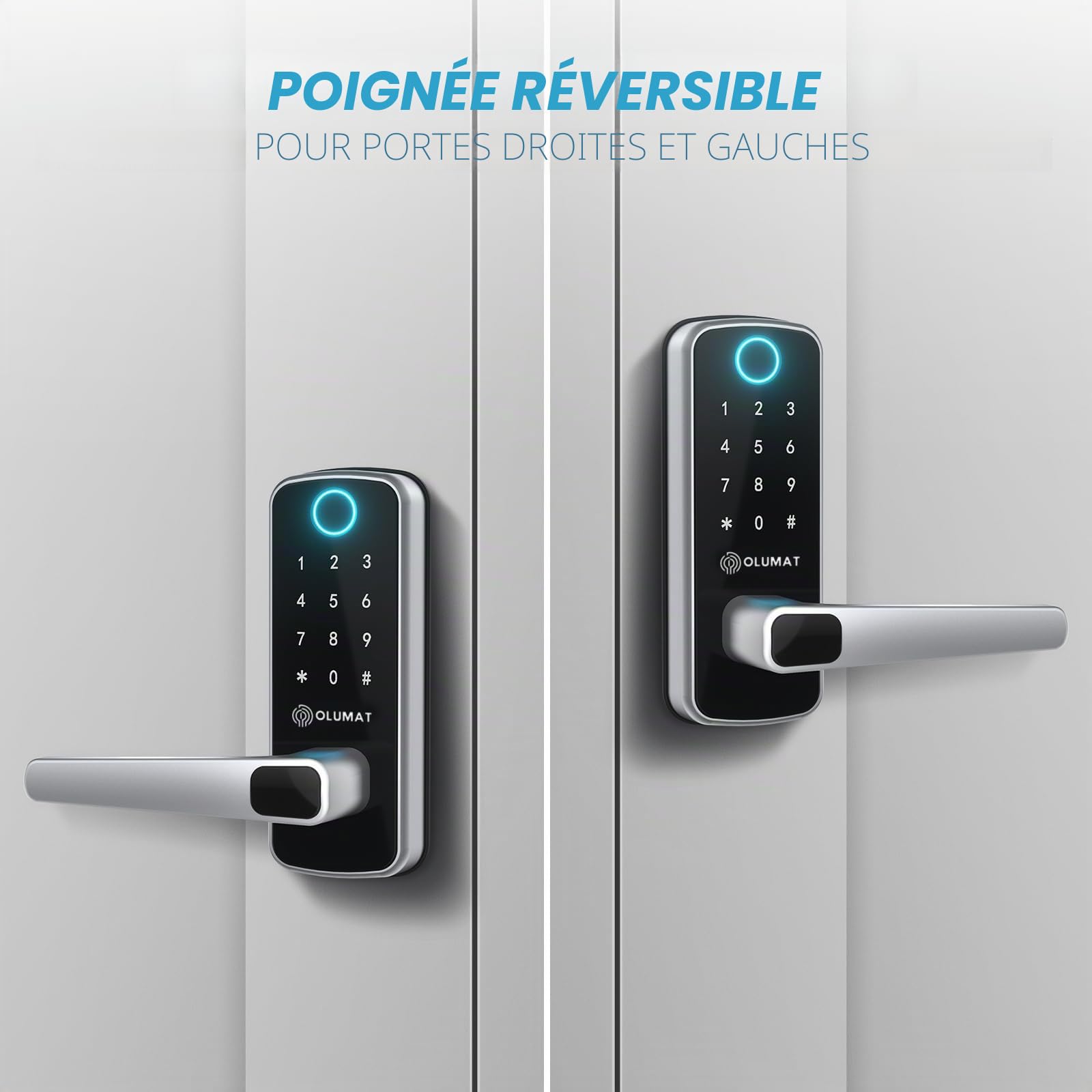 OLUMAT Serrure de porte intelligente, serrure de porte d'entrée sans clé, serrure de porte à empreintes digitales avec clavier numérique avec poignée pour la maison, la location, le bureau et l'hôtel