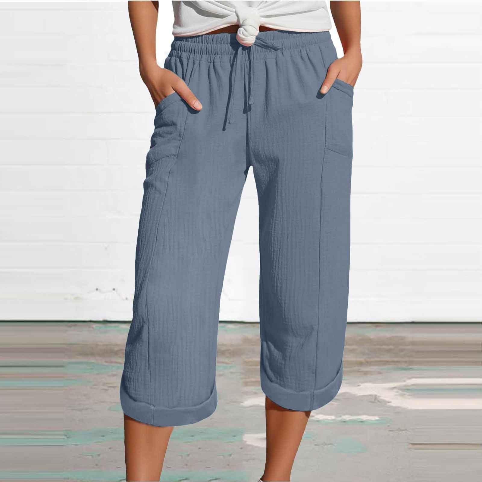 Capris Pants for Women Cotton Linen Casual Summer 2025 Wide Leg Loose Comfy Drawstring Elastic Waist Cropped Trousers A04-Blue XL