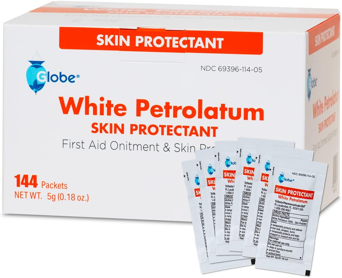 Globe White Petrolatum, Petroleum Jelly for Dry or Cracked Skin, Soothing White Petroleum Jelly for Minor Skin Irritations, 5g Foil Packets, 144 Petroleum Jelly Packets (Box of 144)