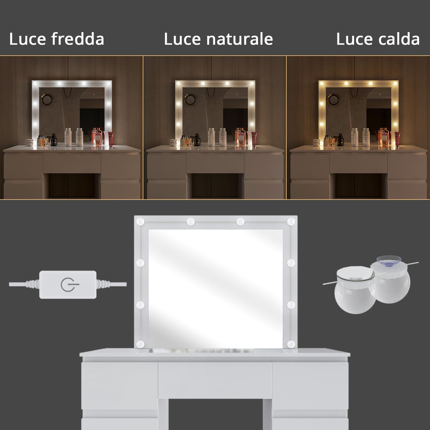 Arreditaly Toeletta Tavolino Da Trucco Tavolo Con 10 Luci LED Luminosità Regolabile Specchio Orizzontale Con 7 Cassetti Postazione Make Up In Legno Design Moderno 39.5 x 110 x 140.5 Cm Bianco