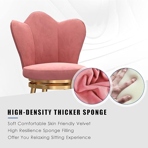 Miniatura 5 de Juego de 4 taburetes giratorios de terciopelo rosa, modernos taburetes tapizados de altura de mostrador con respaldo para isla de cocina, sillas de
