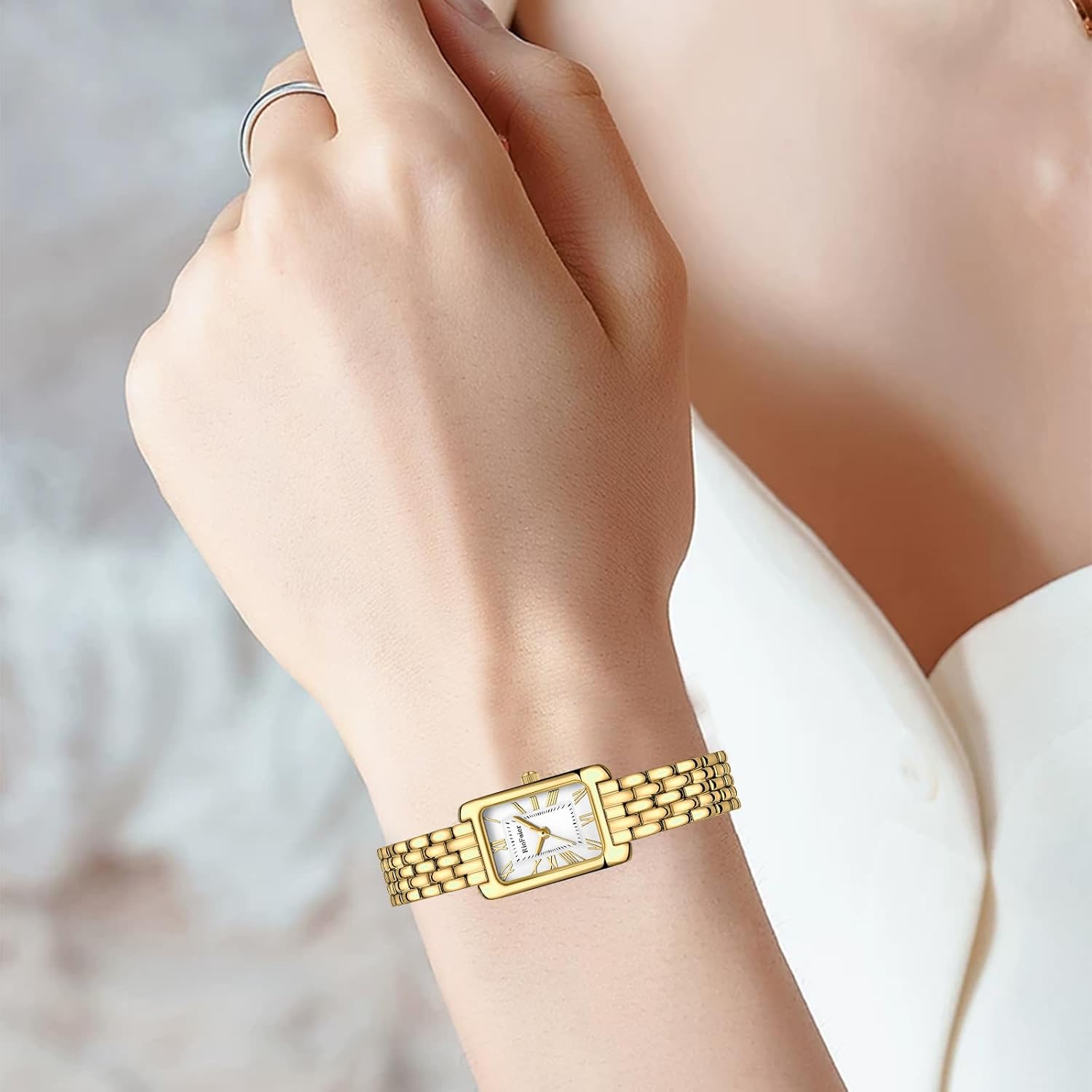 Gold Watches for Women with Rectangular Case Roman Dial,Stainless Steel Band,Waterproof.Adjustment Tool Included - Image 6