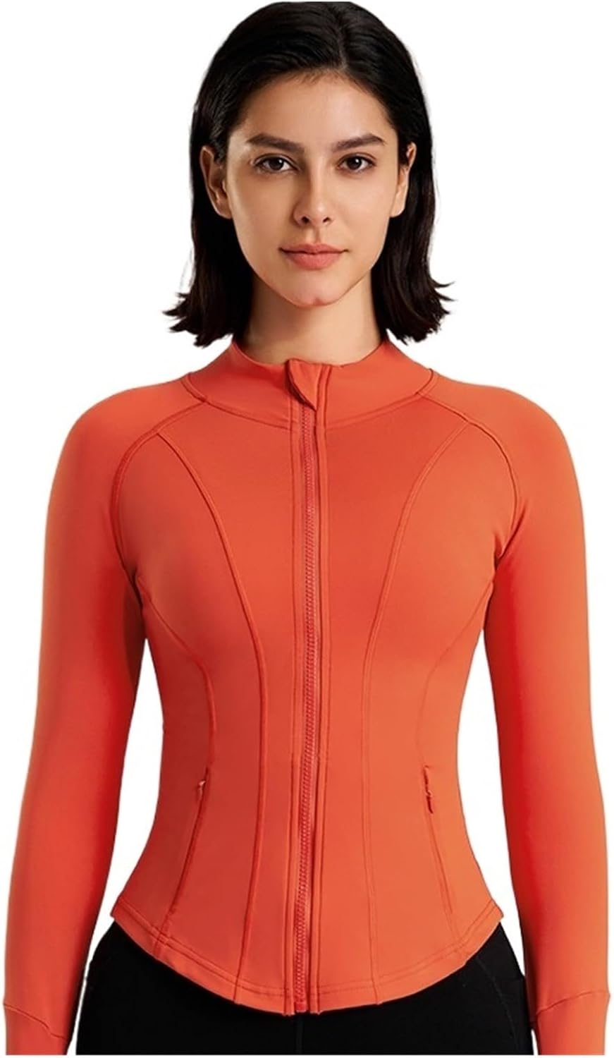Women's Sport Jackets Zipper Slim Yoga Coat Quick Dry Running Jacket Elastic Long Sleeve Fitness Top for Gym, Yoga, Jogging(Orange,XL)