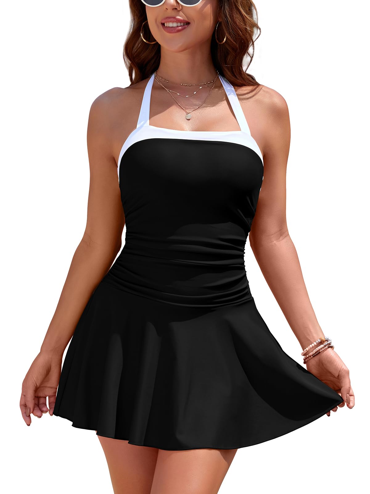 SHEKINI Costume Intero da Donna con Bretelle Costume da Bagno Senza Schienale con Controllo della Pancia e Gonna