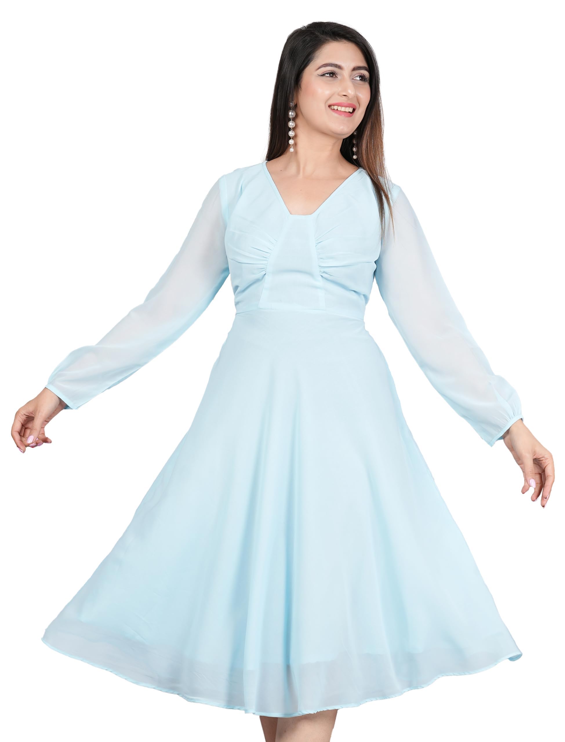 yash gallery Women’s Georgette Fit & Flare Midi Dress with Sheer Long Sleeves, Ruched Bust & V-Neck – Ice Blue-picture-22