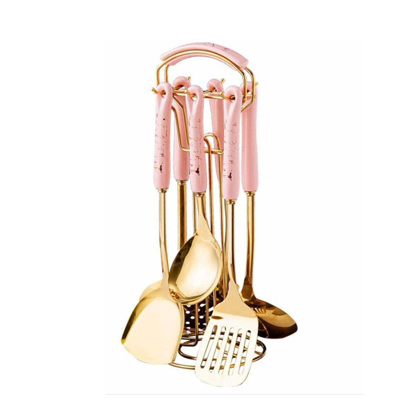 Edelstahl-Keramiklöffel, Kochspatel, 7-teiliges Set, Kochutensilien, Abtropflöffel, Gadgets (Pink)