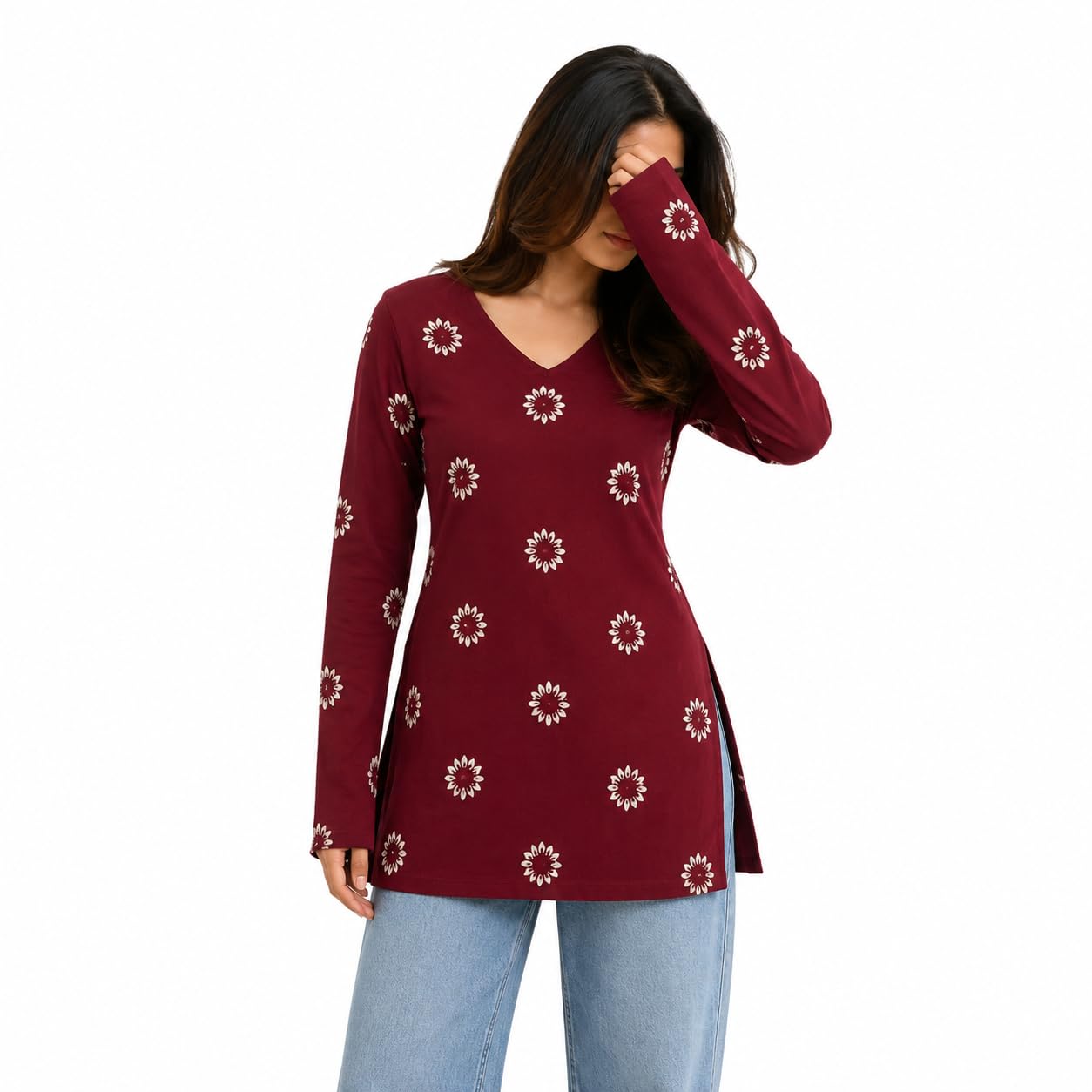 Women’s Rayon Printed Kurti Top | V-Neck Full Sleeve Casual Tunic for Women | Soft Breathable Ethnic Kurta Top with Floral Print-picture-38