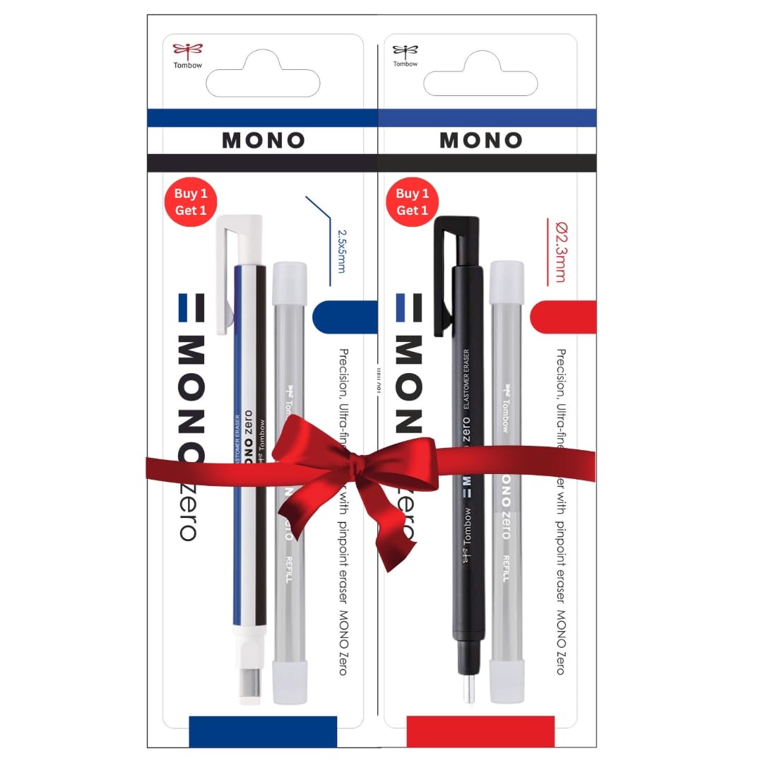 Tombow Limited Edition Pack Buy 1 and Get 1 Free Mono Zero Eraser Value Pack_ Round 2.3 mm and Flat 2.5 mm Black and Mono| Precision Tip Eraser with Refills