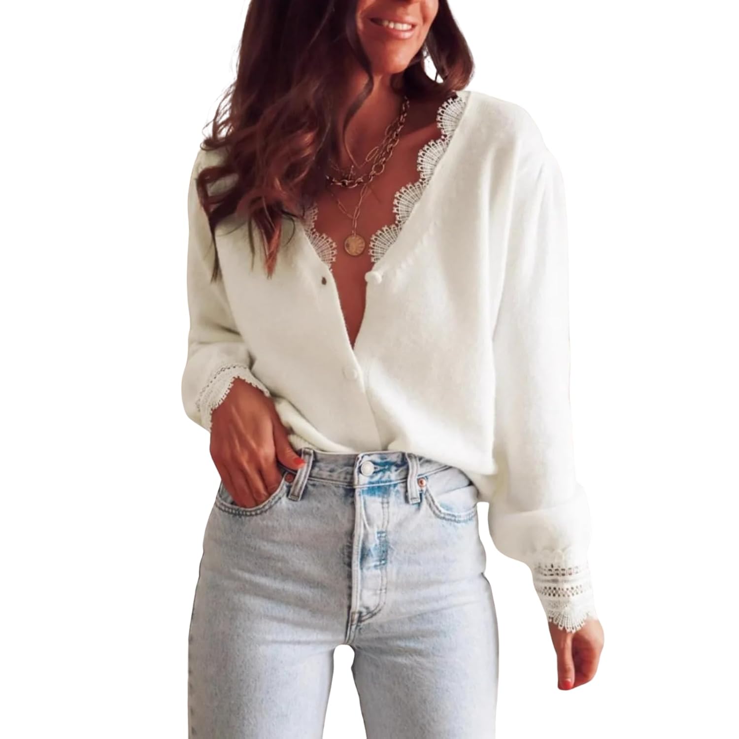 Lace Patchwork V-Neck Knitted Cardigan for Women Autumn Loose Solid Color Top for Women