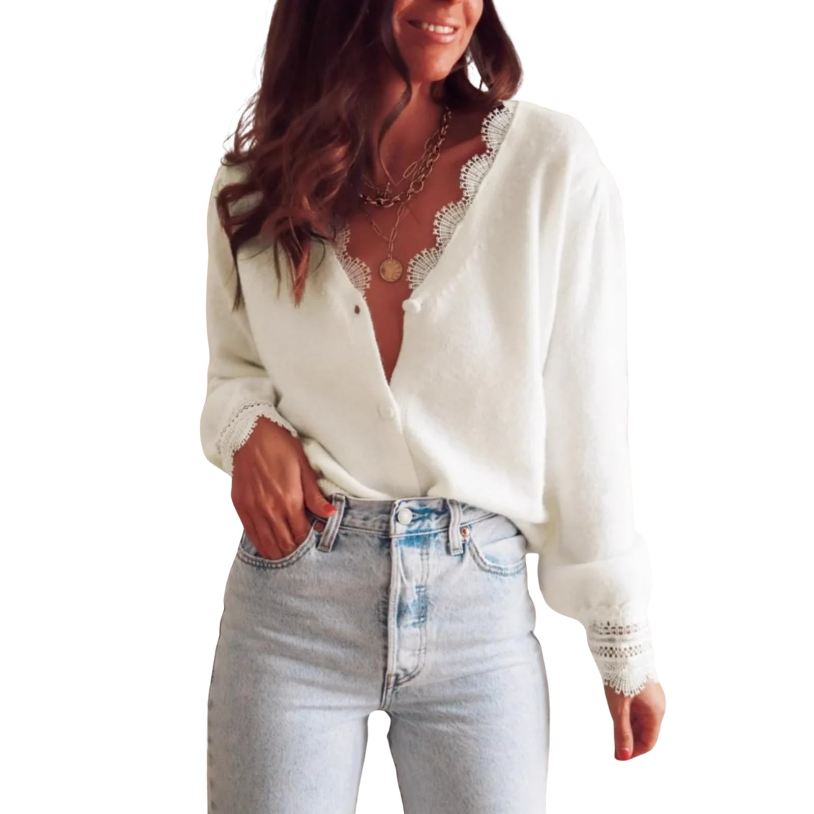 Lace Patchwork V-Neck Knitted Cardigan for Women Autumn Loose Solid Color Top for Women