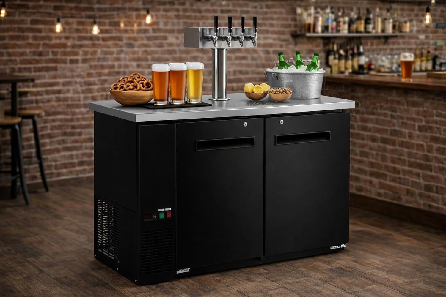 48-Inch Commercial 4-Tap Beer Kegerator, Black, 2-Door with LED Lighting, 2 Half-Barrel Capacity, Self-Closing Doors, 48.75x24.44x35.63 Inches