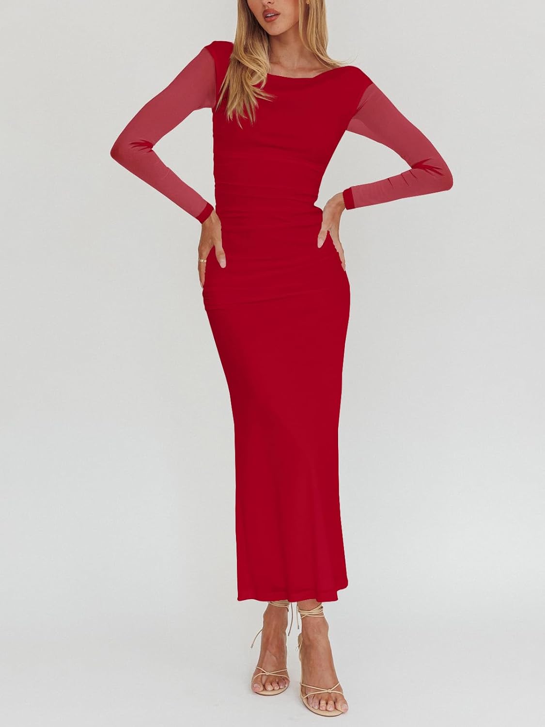 Women's Bodycon Ruched Mesh Long Sleeve Maxi Dress Sexy Elegant Cocktail Party Formal Long Dresses - Image 4