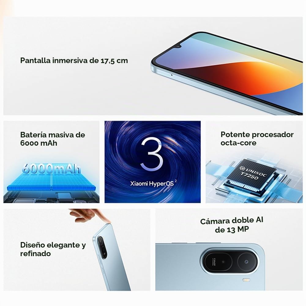 Xiaomi Redmi Smartphone A7 Pro 4G Azul, 4+64 Go, Pantalla de 6.9 Pulgadas, Batería 6000 mAh, Cargador de 15 W, Cargador Incluido