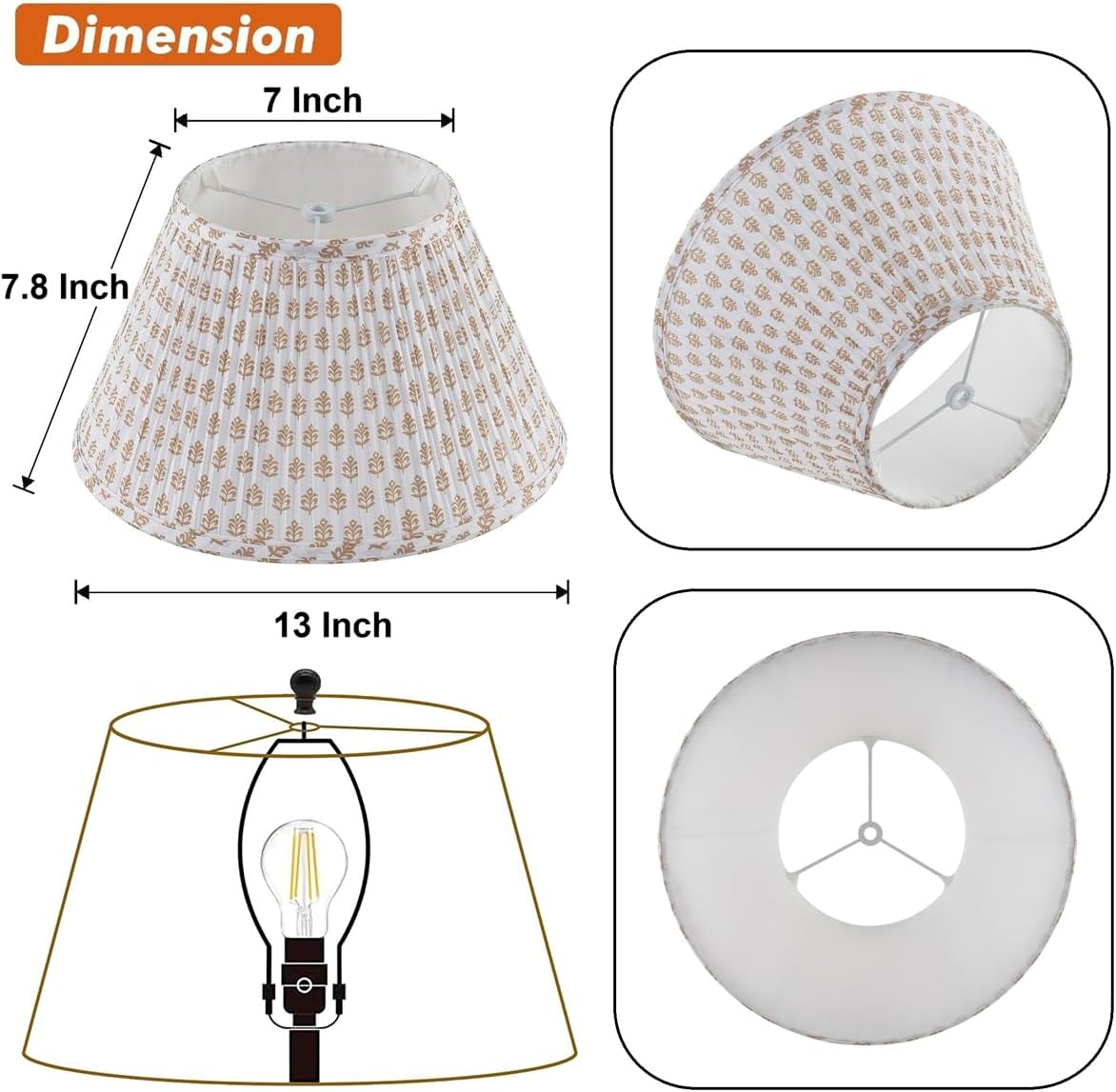 Lamp Shades For Table Lamps,Medium Lamp Shade 7" Top x 13" Bottom x 7.8" Slant Height,Barrel Replacement Lampshade(Spider Fitter), Modern Fabric Pleated Lampshades For Table Lamp 1 Pack(Brown Floral)