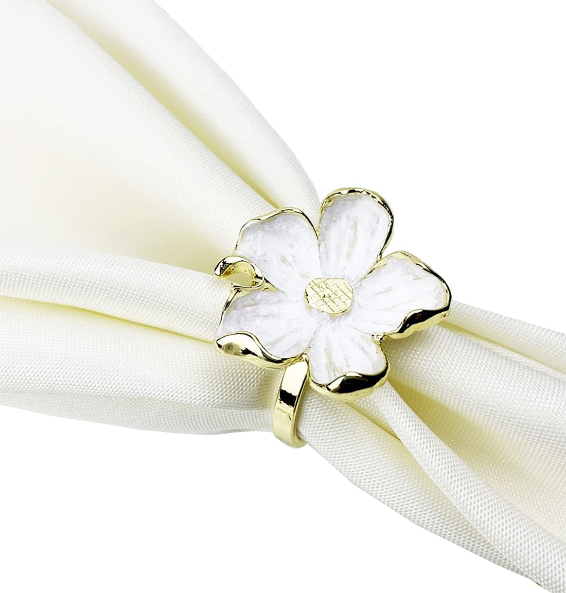 Fennco Styles Enameled Anemone Metal Napkin Rings, Set of 4 - Gold & White Flower Napkin Holders for Home, Dining Table, Christmas Décor, Holiday, Family Gathering and Special Occasion