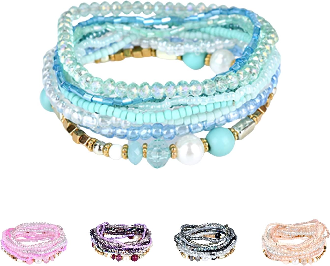 Multi Layers Handmade Bracelet Bohemian Beaded Bracelet Colorful Strand Wrap Layered White Faux Pearl (Blue)