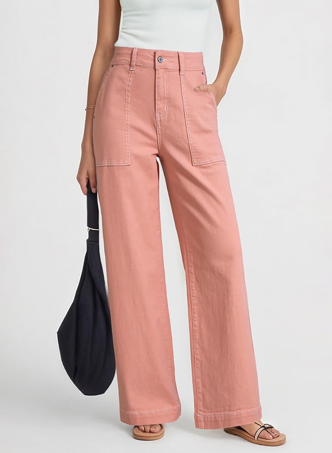 Dokotoo Women's Pants High Waisted Jeans Stretch Loose Fit Colorblock Denim Pants with Pocket - Image 2