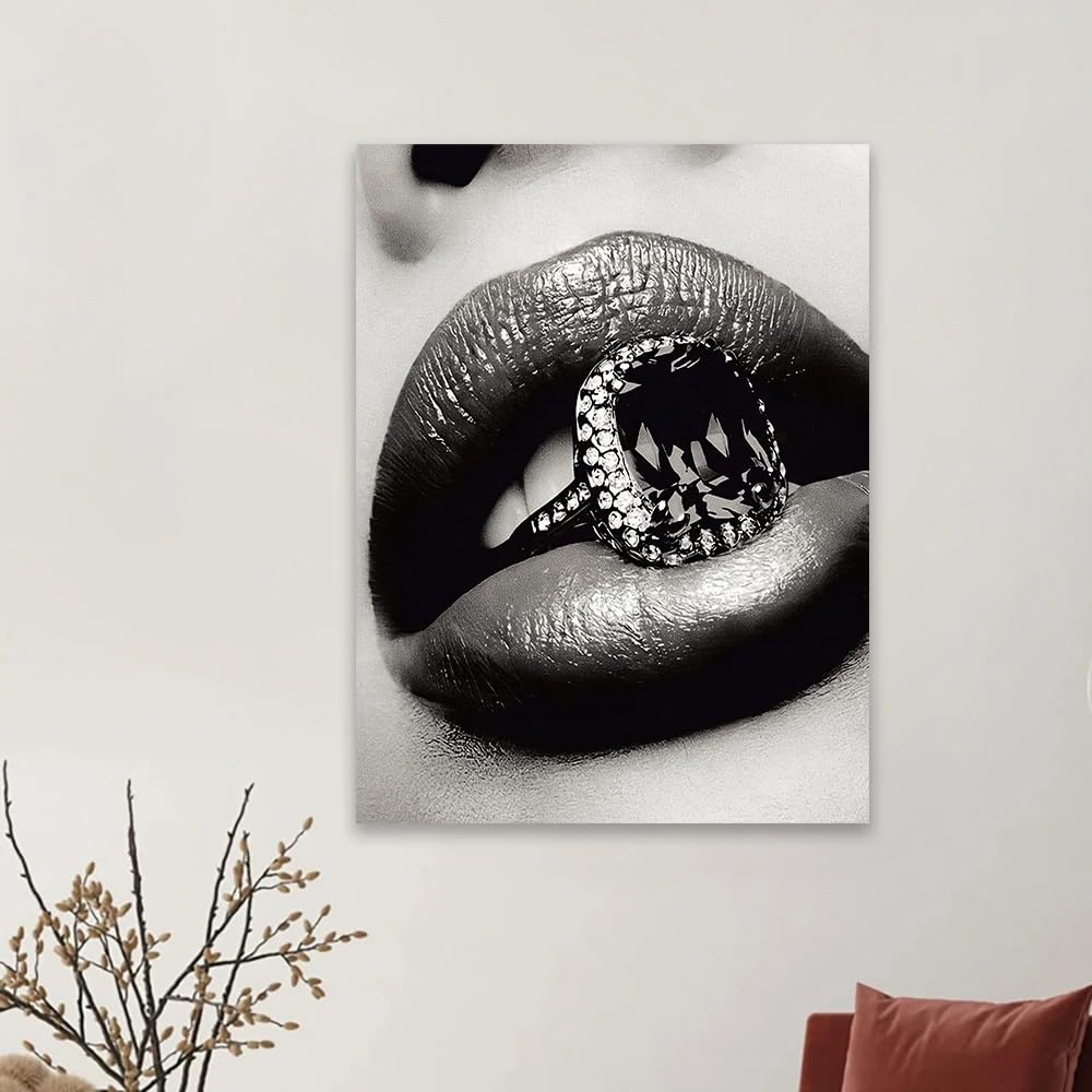 ZHUOYA Vintage Modny Plakat Czarno-Biały Vintage Perły Druki Luksusowa Moda Sztuka Ścienna Diamenty Płótno Malarstwo Wystrój (70 * 110X2 cm/ramka)