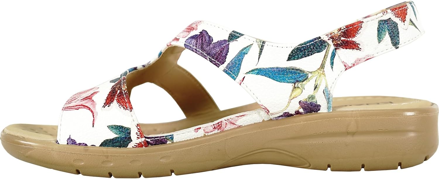 KOZI Women Comfort Casual Wedge Sandal Slip-On Loafer OY3132 Elasticized Band Open Round Toe Black Flower Navy Red White image 5