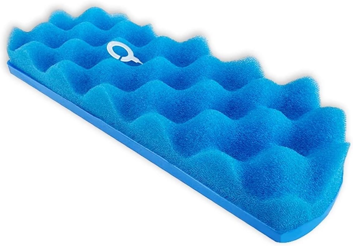 Side view of a blue foam filter with a rigid blue base.