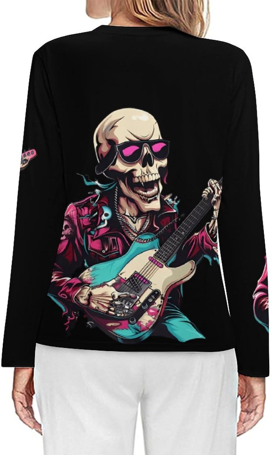 Skeleton Rock And Roll Women's Pajama Top Sleepwear Pajamas Sleep T-Shirt Long Sleeve Shirt Crewneck Tee