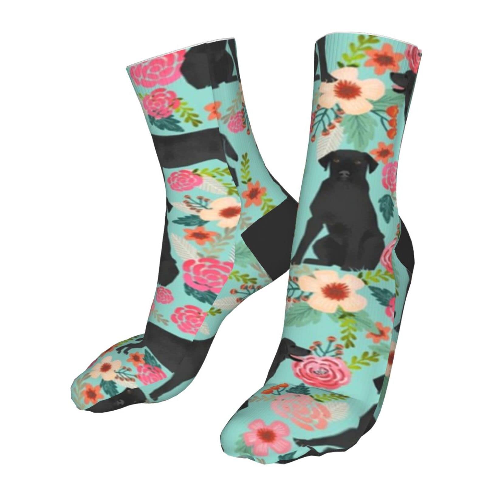 Lsjuee Black Lab Florals Labrador Retriever Floral Athletic Socks Sport Running Calf Socks Performance Cushioned Breathable Crew Socks for Men Wome
