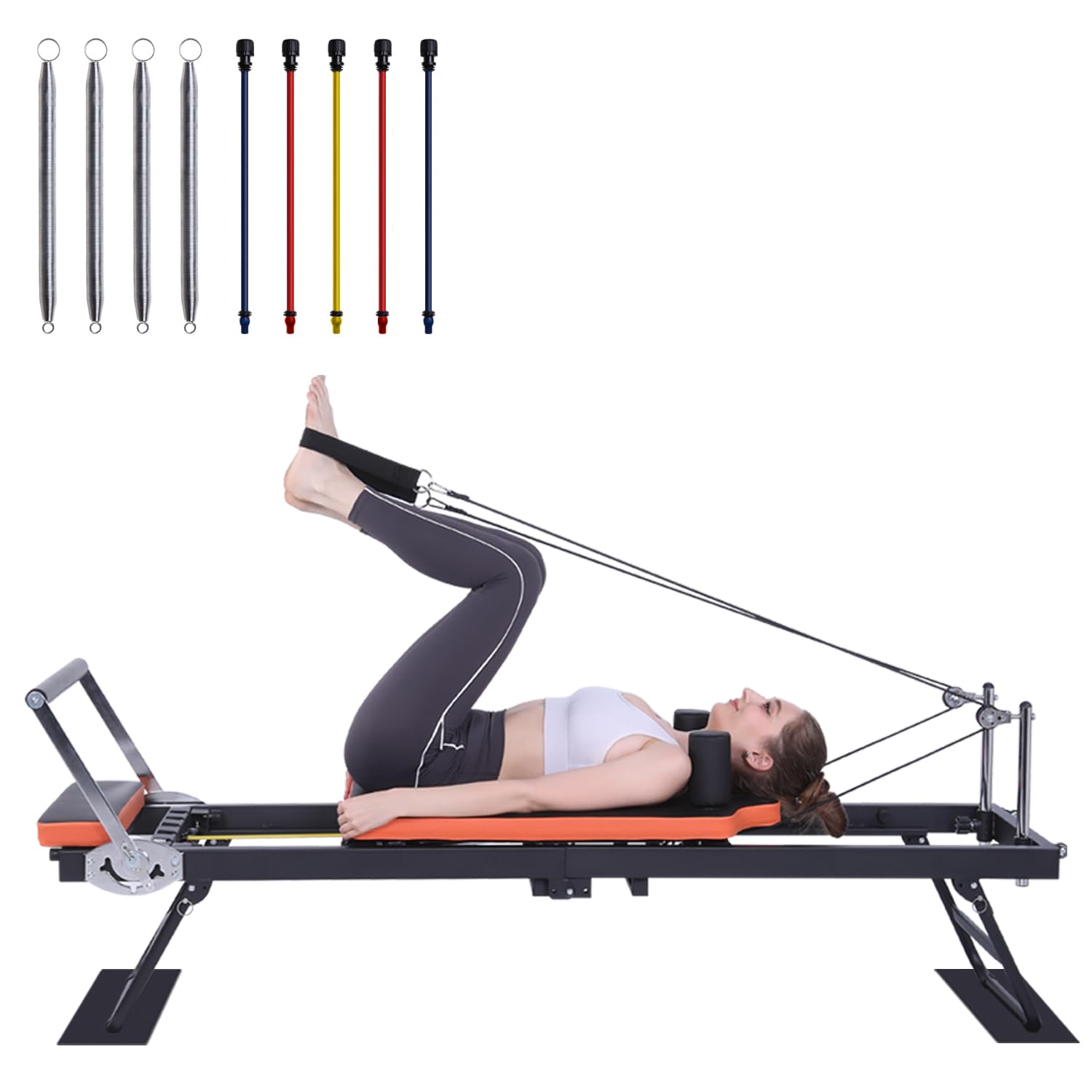 Pilates Reformer, Foldable Pilates Machine (with 4 Springs & 5 Resistance Cords) for Home Gym Studio Workout, Folding Pilate Equipment for Beginners & Advanced Users (4-6 Feet)