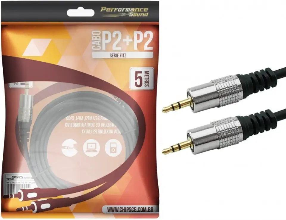 Cabo P2 Fitz - P2 + P2 Estereo Plug Metal - 5 Metros