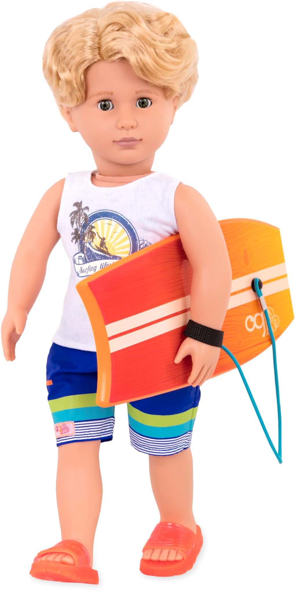 Our Generation BD31197 Gabe Boy Doll with Surfboard, Cream, Blue, Orange, Blue