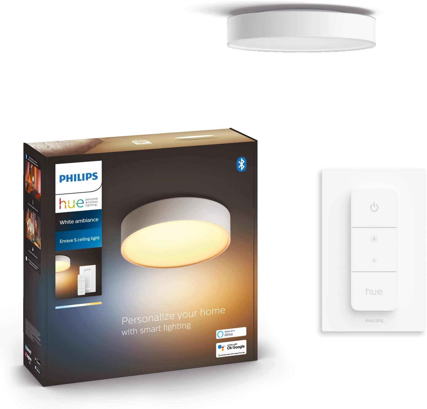 Enrave White Ambiance Smart Ceiling Light [Medium - White] with Bluetooth. Works with Alex, Google Assistant and Apple Homekit