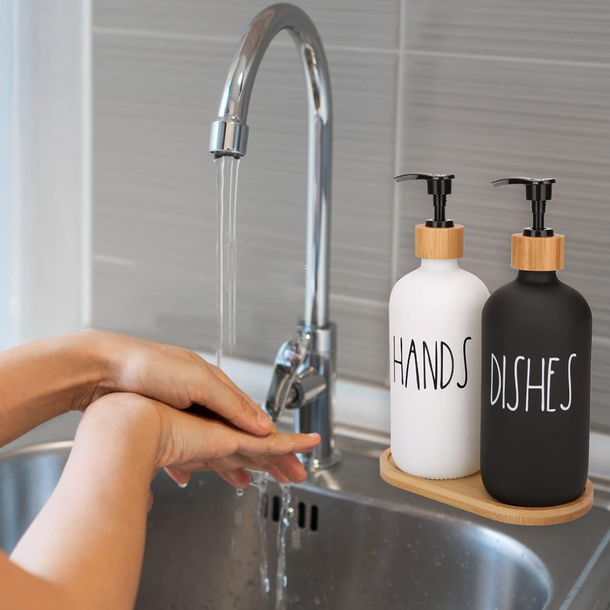 2 Pack Hand and Dish Soap Dispenser Set,16oz Glass Soap Dispenser with Tray