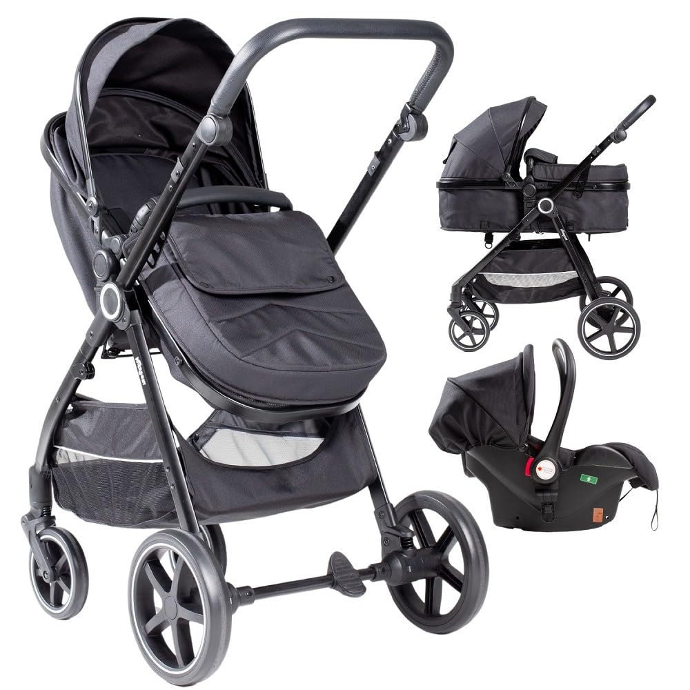Carrito Bebe 3 en 1 Interbaby | Silla Paseo desde Nacimiento hasta 48 meses o 22 kg | Capazo Acolchado, Amortiguadores, Asiento Ajustable y Silla de Auto (Grupo 0) | Cochecito bebe Modelo Versa Negro