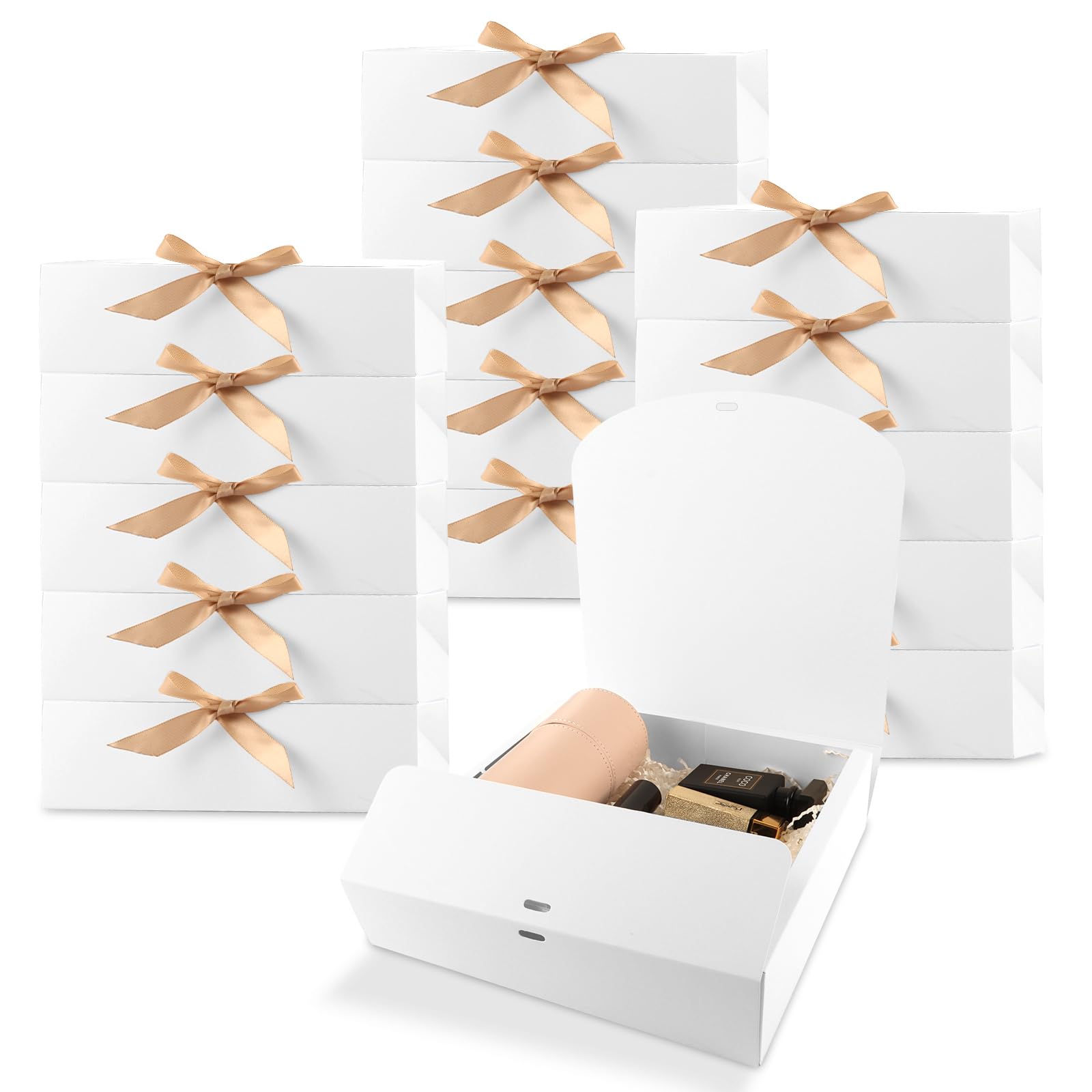 YOUNTHYE 24PCS White Gift Boxes, 24x24x6CM Large Cardboard Gift Boxes with Lids for Presents, Presentation Boxes with Ribbon for Parties, Christmas, Birthday, Wedding