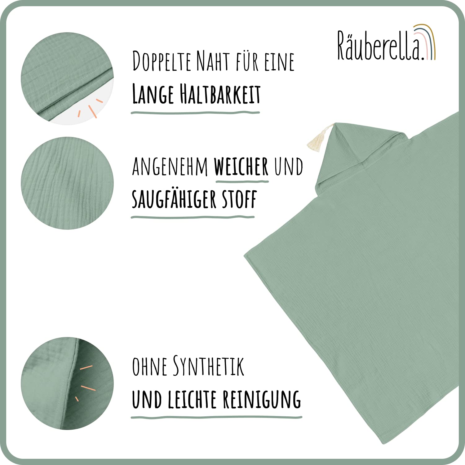 Räuberella® Kapuzenhandtuch-Baby in Mint-Grün I 75x100cm I Musselin-Badetuch-Baby aus 100% Bio-Baumwolle I Saugfähiges Babyhandtuch mit Kapuze I Badehandtuch-Geschenkset inkl. Verpackung & Karte