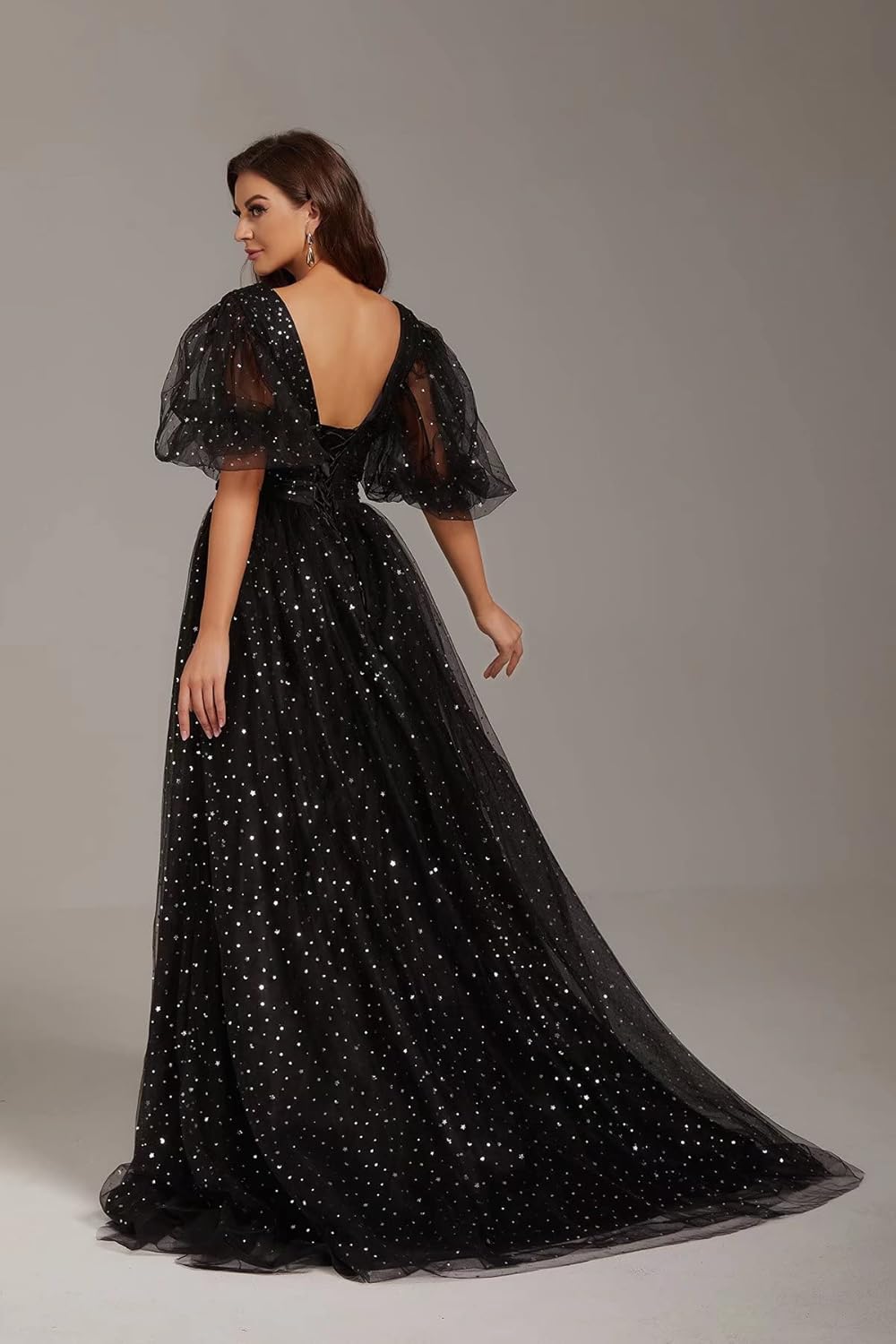 Smileven Women's Sparkle Starry Tulle Prom Dresses Puffy Sleeve Slit Formal Evening Party Gowns - Image 5