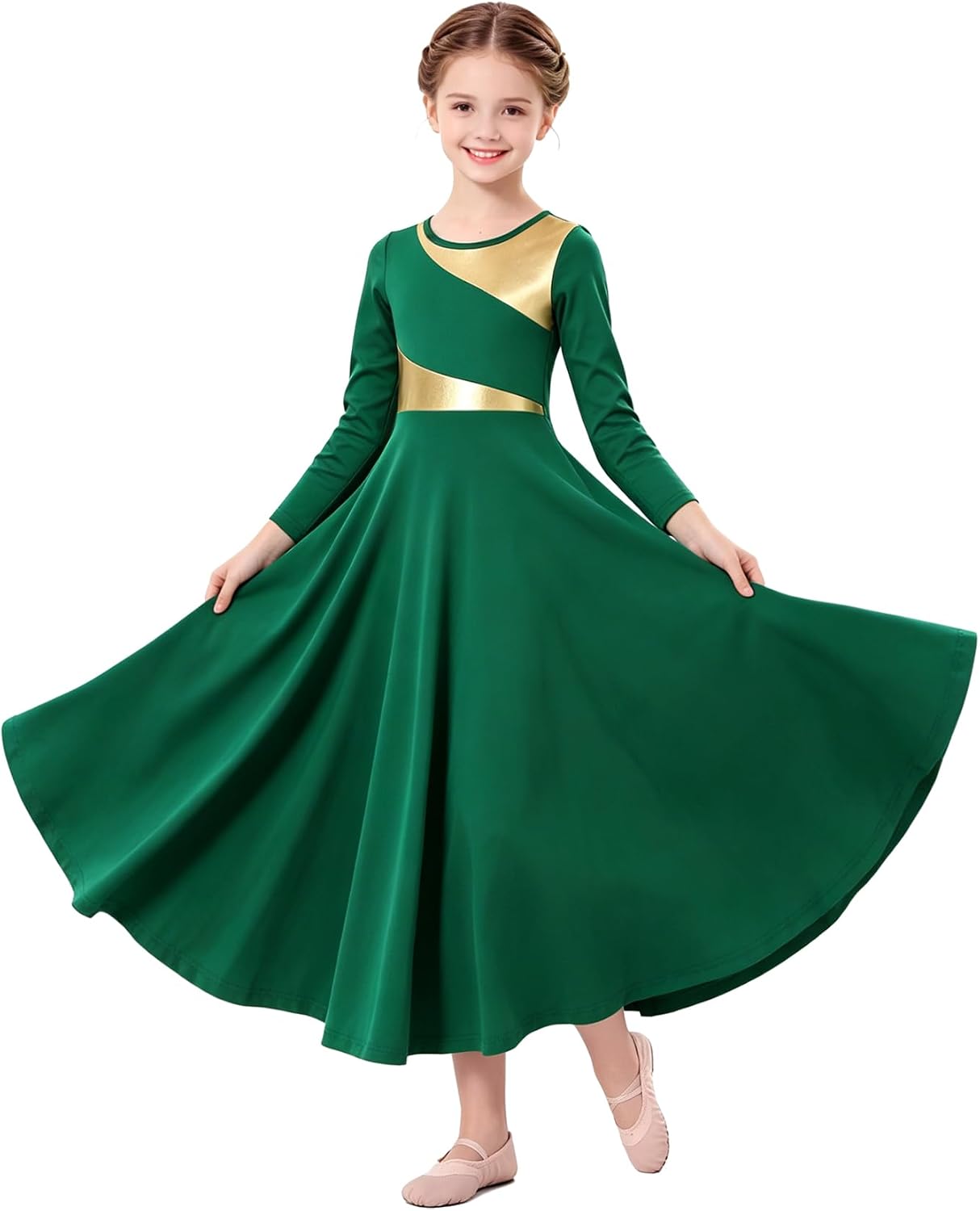 Praise Worship Dance Dresses for Girls Gold Metallic Full Length Church Liturgical Costume Lyrical Dance Dress
