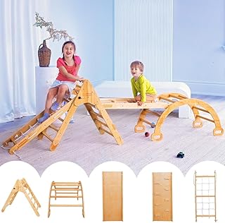 Foldable Sturdy Pickler-3 piece climbing Gym - Pikler Triangle Set 5 in 1 - Climber Ramp Net Arch - Wooden Toddler Climber Triangle â€“ Toddler Indoor Playground - Indoor Climber Montessori play gym