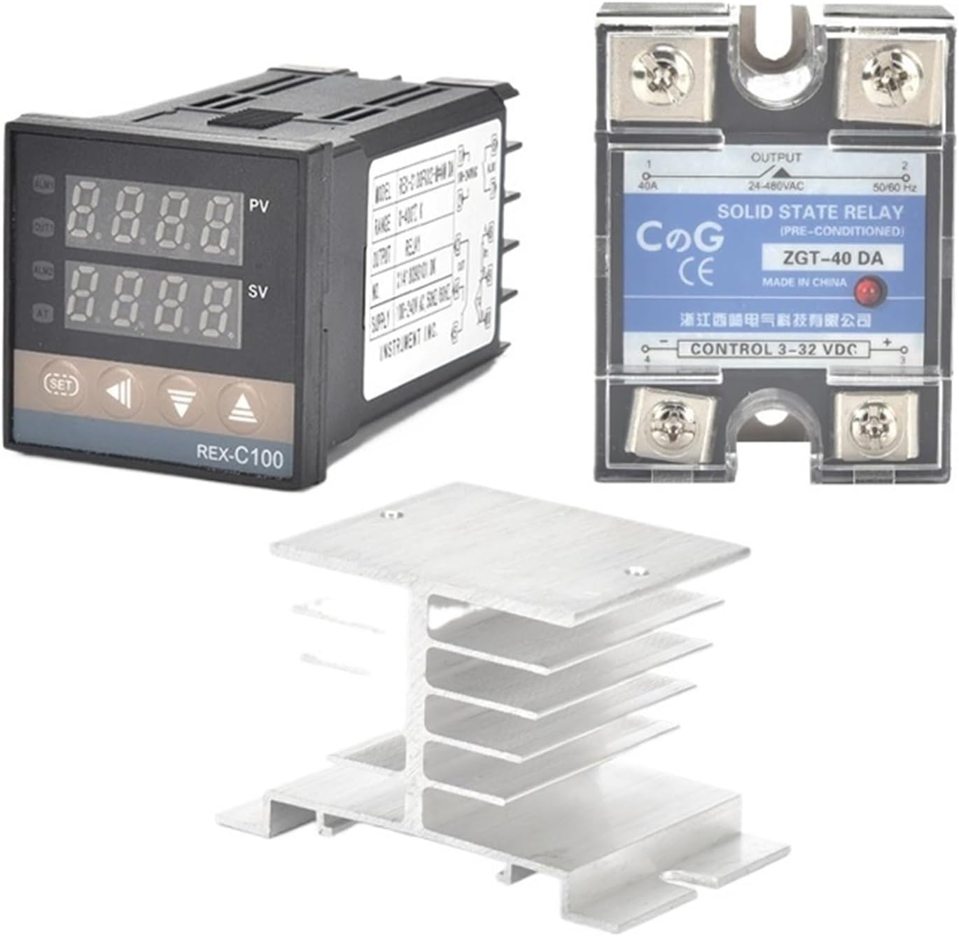 REX-C100 PT100 Digital Temperature Controller Thermostat SSR Output 40DA SSR Relay Aluminum Radiator Heat Sink 1m Resistance(Set 4)
