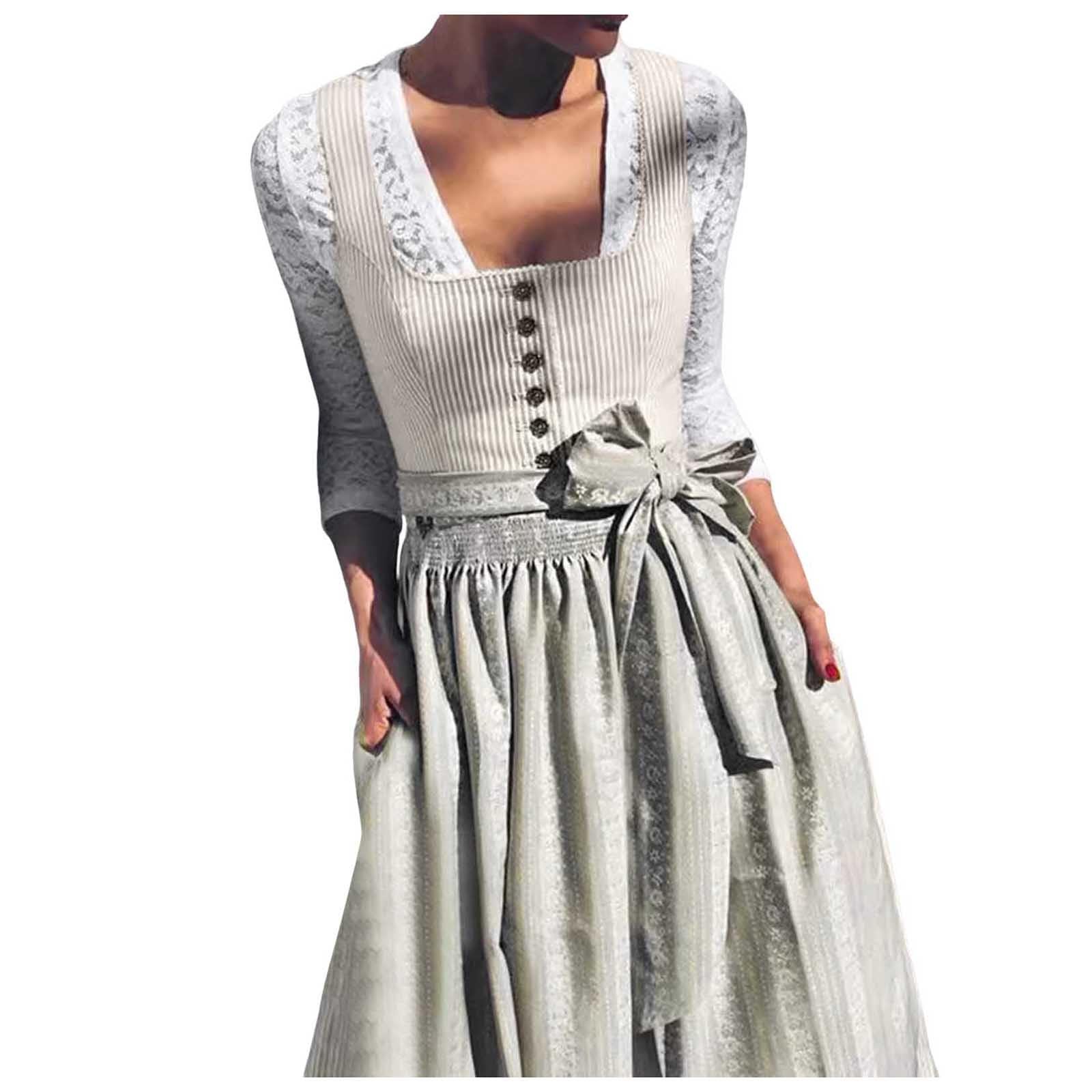 Dirndl Damen Midi Trachtenkleid - Trachtenkleid Trachtenrock Schlicht Outfit Trachtenmode Trachten Damen mit 2 Teilig Dirndl Schürze Oktoberfest Dresses Dirndlkleid
