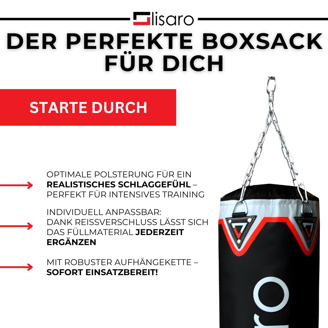 Lisaro Profi Boxsack/Sandsack 150cm | geeig. für Jede Sportart | Ca. 40 kg | gefüllt | inkl. Vierpunkt - Stahlkette | Material Kunstleder (Vinyl) | Studioqualität | Unbreakable