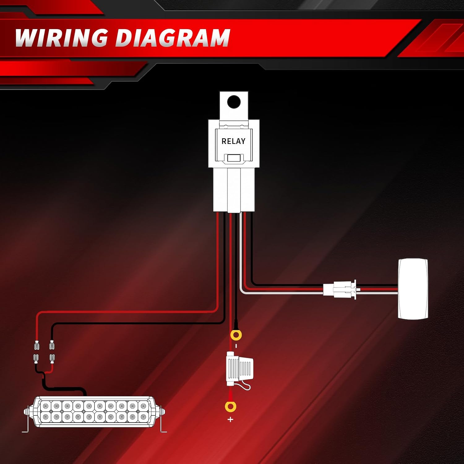 4WDKING 12inch Slim LED White Light Bar & 10FT LED Work Light Wiring Harness Kit 12AWG 1 Leads