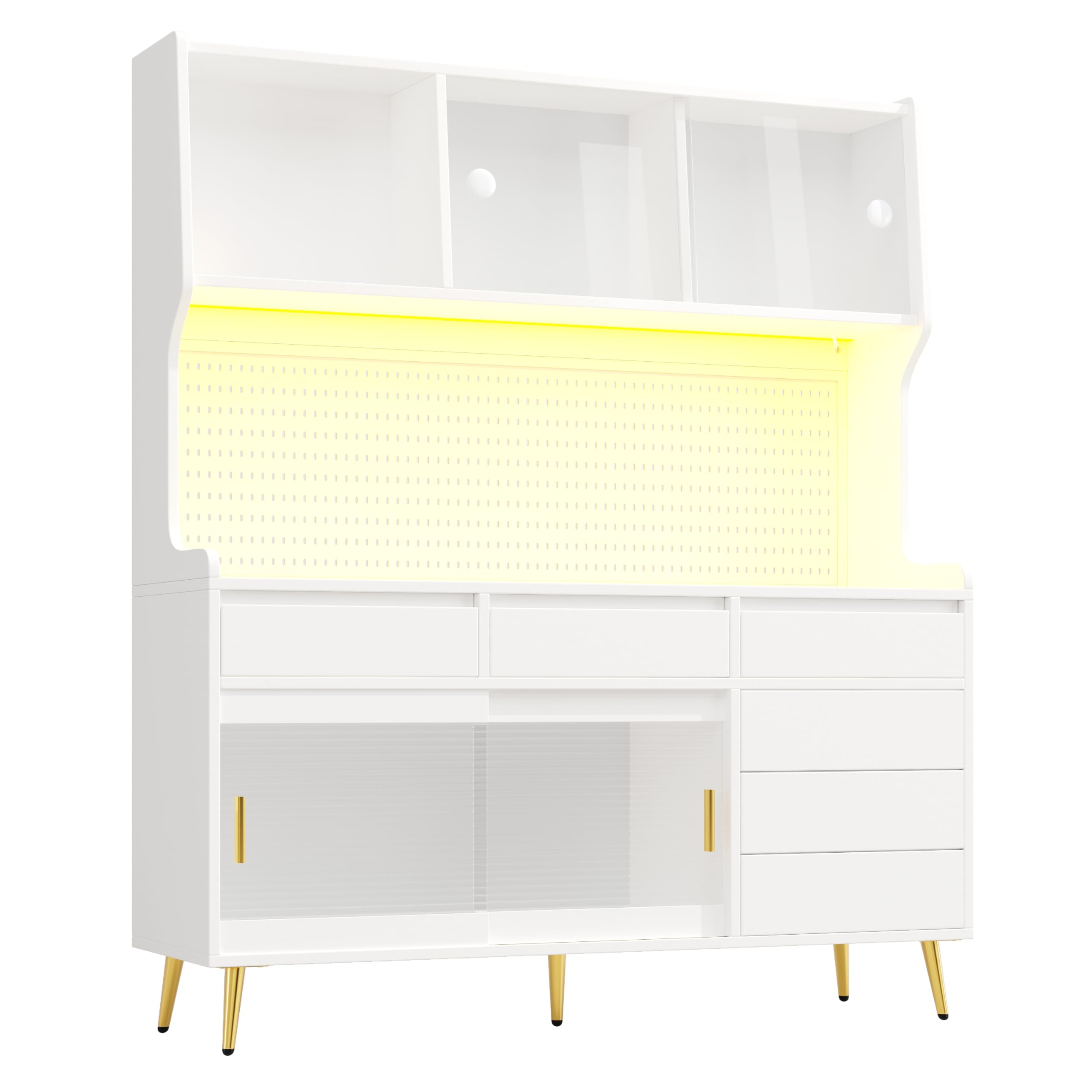 Mobile alto moderno, 145 x 39 x 171 cm, bianco, con armadio da cucina o armadio da sala da pranzo con cassetto, credenza con ripiano con parete forata