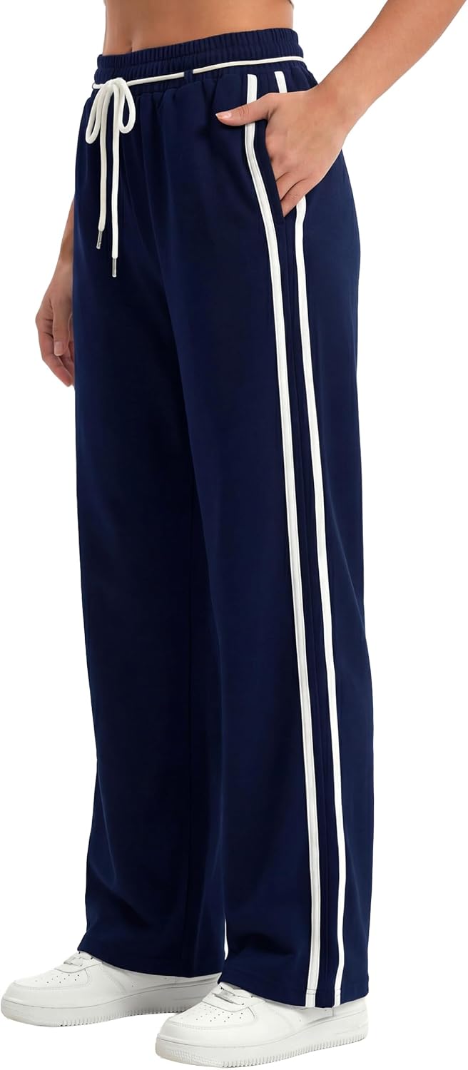 Women's Side Stripe Track Pants Wide Leg High Waist Sweatpants Loose Joggers for Gym Workout Running