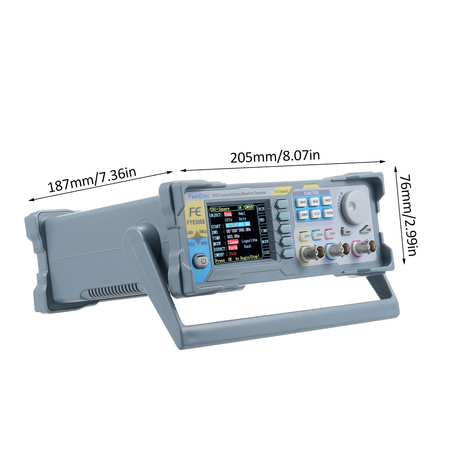 FY8300S-20M, 20, 3 canali, generatore di segnale arbitrario, 4 uscite di livello TTL, funzione di polarizzazione DC, uscita digitale