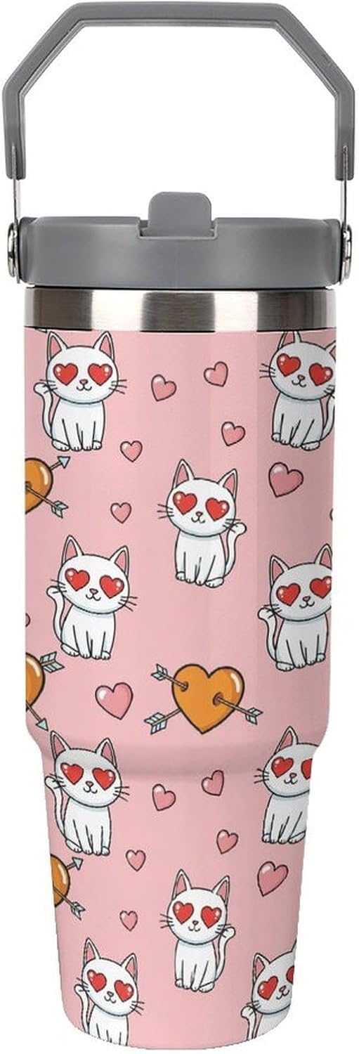 Stainless Steel Tumbler with Lid And Straw 30 Oz Top Handle Cute Cats Hearts Arrows Leakproof Vacuum Insulated Water Bottle for Car Travel