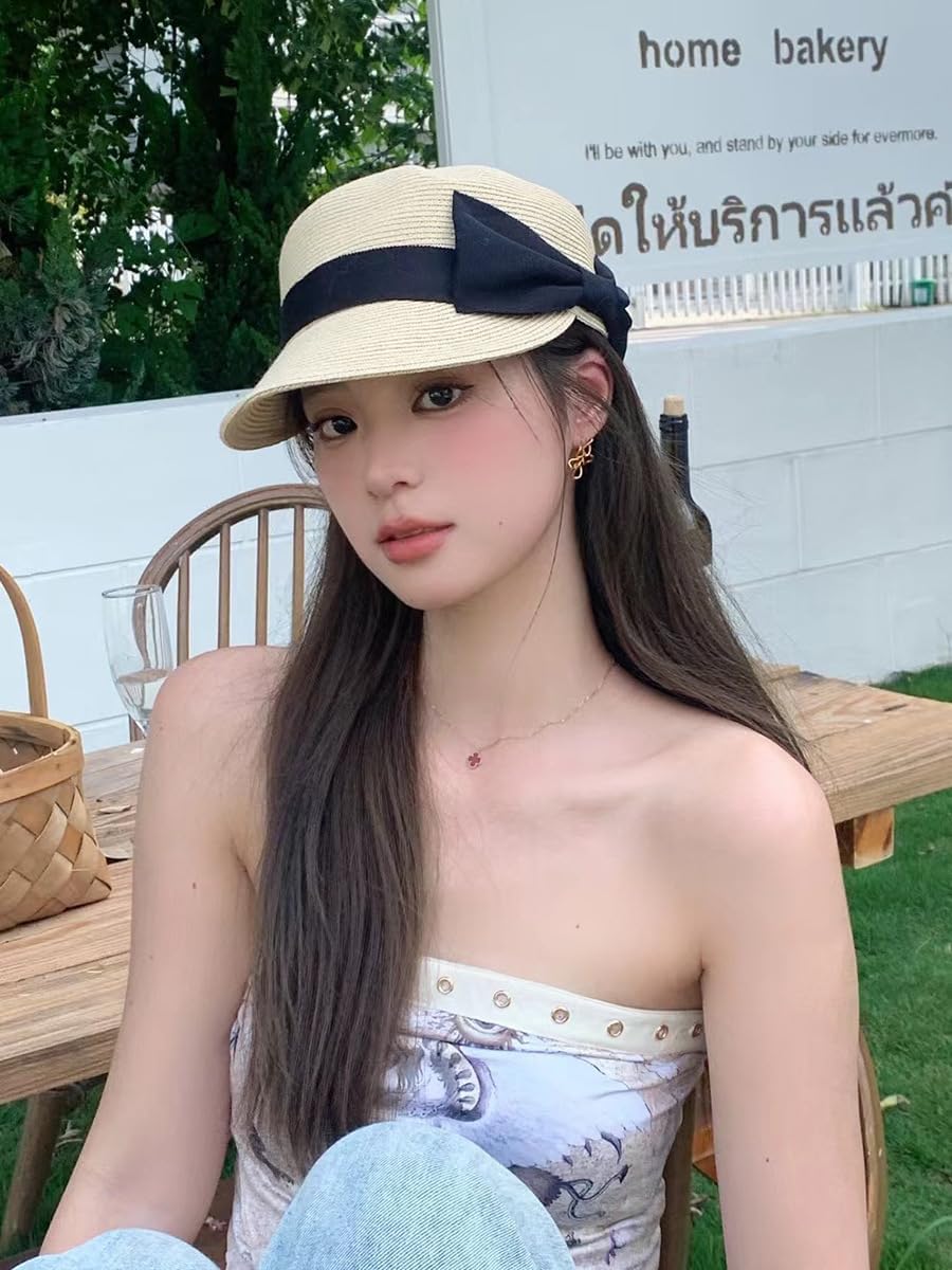 Visor Hats for Women Summer Straw Hat with Bow Trendy Sweet Baseball Cap Beach Hat Sun Hat for Travel Outdoor Activities