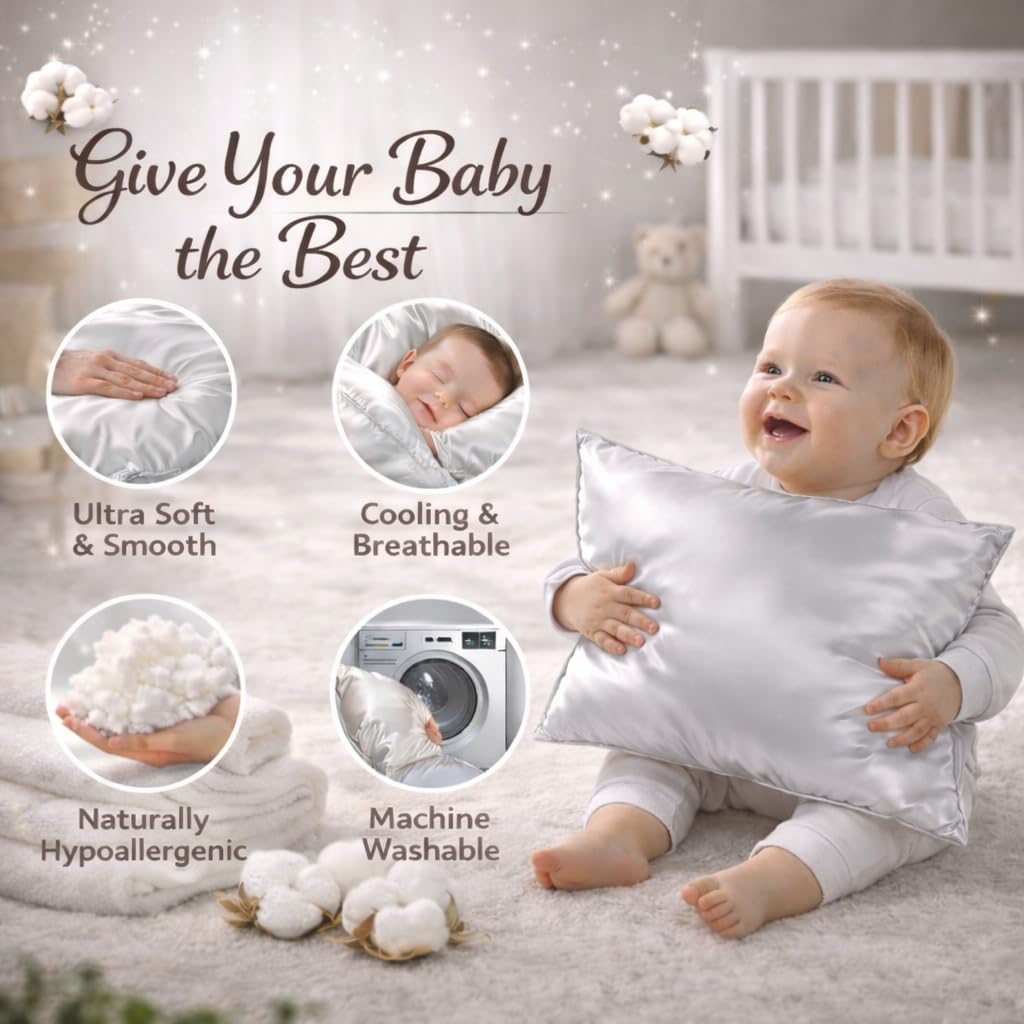 ROSEWARD Organic Mulberry Silk Baby Pillowcase with Zipper, 10"x13" Toddler Pillow Cover – Hypoallergenic, Soft for Kids Hair & Skin, for Boys & Girls, Great for Travel & Crib (Silver Grey)